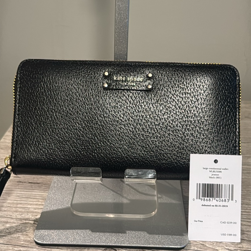 Kate Spade Black Zip-Around Leather Wallet NWT